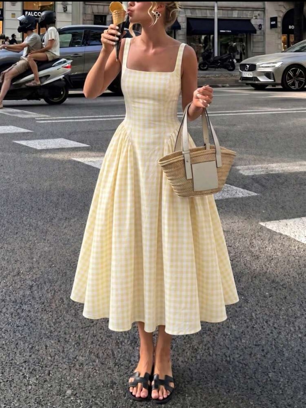 SHEIN Yellow Gingham Square Neck Midi Dress